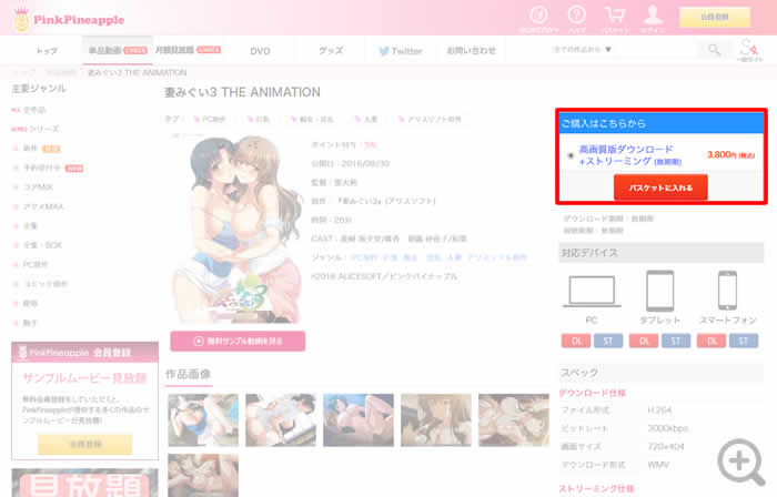 お好みの作品の配信形式を選択して「バスケットに入れる」ボタンをクリック/ Choose a video and the distribution mode and click “Add to Cart”